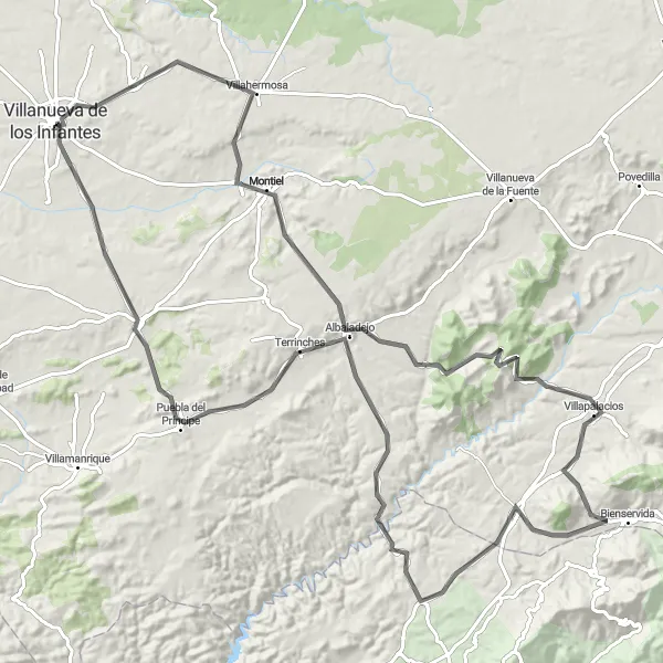 Map miniature of "Road Cycling Adventure: Valleys and Peaks" cycling inspiration in Castilla-La Mancha, Spain. Generated by Tarmacs.app cycling route planner