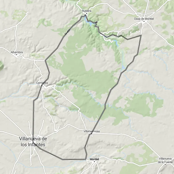 Map miniature of "Road Journey: Exploring Ruidera and Beyond" cycling inspiration in Castilla-La Mancha, Spain. Generated by Tarmacs.app cycling route planner