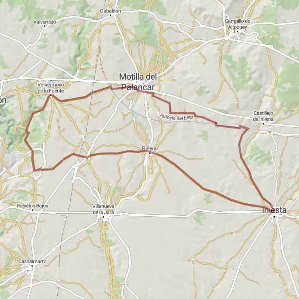 Miniatua del mapa de inspiración ciclista "Ruta de Gravel Iniesta-Motilla del Palancar-Valhermoso de la Fuente-Pozoseco-El Peral" en Castilla-La Mancha, Spain. Generado por Tarmacs.app planificador de rutas ciclistas