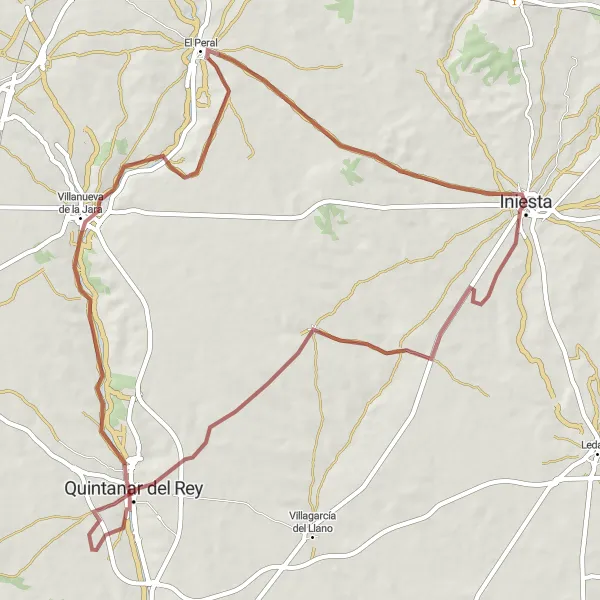 Miniatua del mapa de inspiración ciclista "Ruta de Gravel Quintanar del Rey-Villanueva de la Jara-El Peral-Iniesta" en Castilla-La Mancha, Spain. Generado por Tarmacs.app planificador de rutas ciclistas