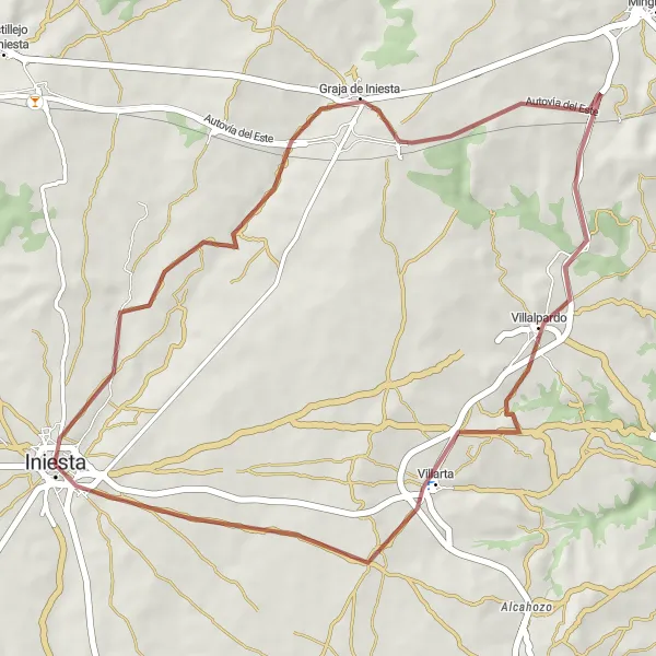 Miniatua del mapa de inspiración ciclista "Ruta en bicicleta de montaña desde Iniesta" en Castilla-La Mancha, Spain. Generado por Tarmacs.app planificador de rutas ciclistas