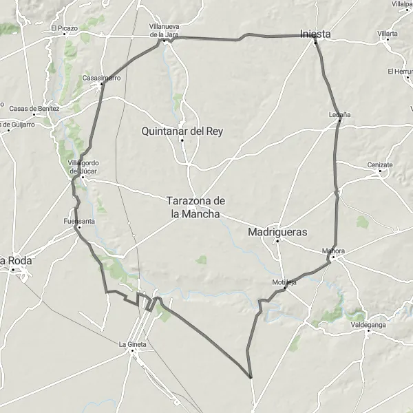 Miniatua del mapa de inspiración ciclista "Ruta de Carretera Ledaña-Montalvos-Villanueva de la Jara" en Castilla-La Mancha, Spain. Generado por Tarmacs.app planificador de rutas ciclistas