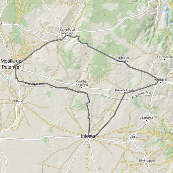 Miniatura mapy "Trasa rowerowa Iniesta - Castillejo de Iniesta - Motilla del Palancar - Campillo de Altobuey - Puebla del Salvador - Graja de Iniesta - Iniesta" - trasy rowerowej w Castilla-La Mancha, Spain. Wygenerowane przez planer tras rowerowych Tarmacs.app