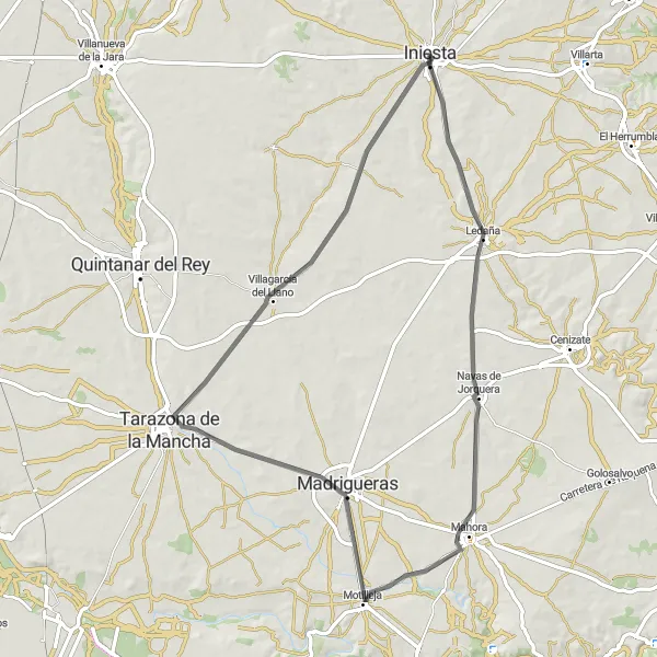 Miniatua del mapa de inspiración ciclista "Ruta de Carretera Ledaña-Navas de Jorquera-Motilleja-Madrigueras" en Castilla-La Mancha, Spain. Generado por Tarmacs.app planificador de rutas ciclistas