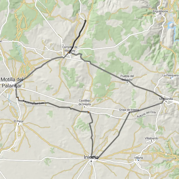 Miniatuurkaart van de fietsinspiratie "Route van Iniesta naar Graja de Iniesta" in Castilla-La Mancha, Spain. Gemaakt door de Tarmacs.app fietsrouteplanner