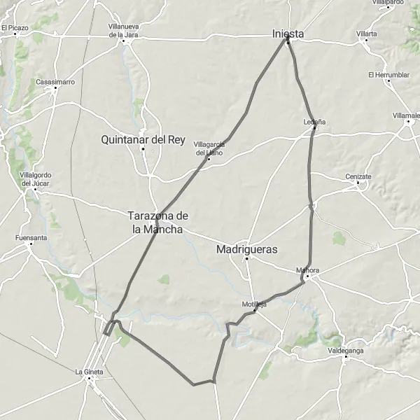 Miniatura mapy "Trasa rowerowa dla miłośników szosowej jazdy w okolicach Iniesta" - trasy rowerowej w Castilla-La Mancha, Spain. Wygenerowane przez planer tras rowerowych Tarmacs.app