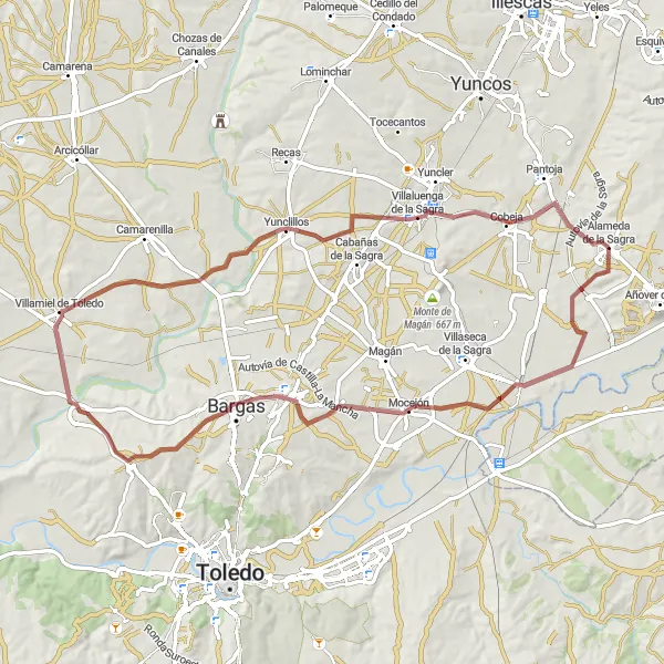 Miniatua del mapa de inspiración ciclista "Ruta entre Mocejón y Villaluenga" en Castilla-La Mancha, Spain. Generado por Tarmacs.app planificador de rutas ciclistas