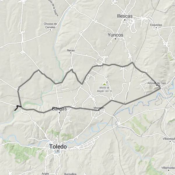 Miniatua del mapa de inspiración ciclista "Ruta de Asfalto a Villaluenga de la Sagra" en Castilla-La Mancha, Spain. Generado por Tarmacs.app planificador de rutas ciclistas