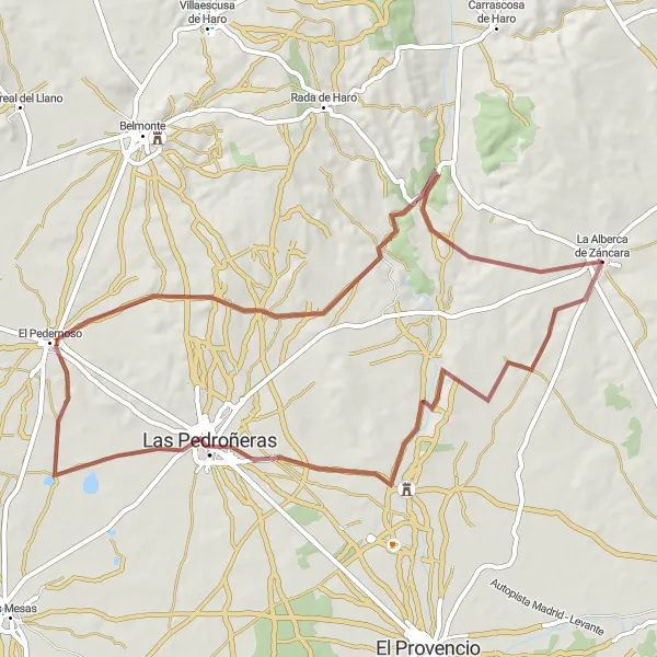 Map miniature of "Exploring the Landmarks of La Alberca de Záncara" cycling inspiration in Castilla-La Mancha, Spain. Generated by Tarmacs.app cycling route planner