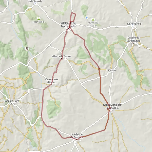 Map miniature of "Gravel Adventure in La Alberca de Záncara" cycling inspiration in Castilla-La Mancha, Spain. Generated by Tarmacs.app cycling route planner