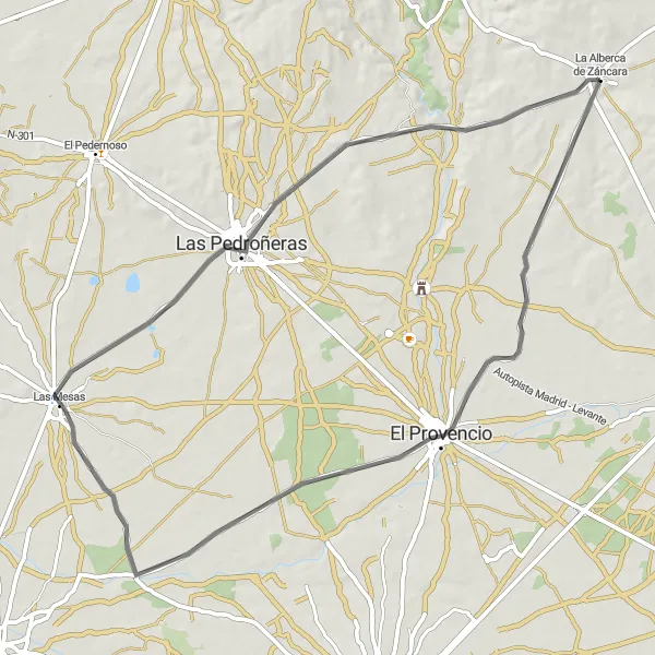 Map miniature of "La Alberca de Záncara - El Provencio - Las Mesas - Las Pedroñeras" cycling inspiration in Castilla-La Mancha, Spain. Generated by Tarmacs.app cycling route planner