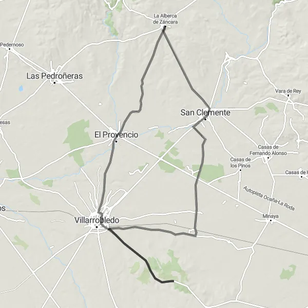 Map miniature of "Road Cycling Tour of La Alberca de Záncara" cycling inspiration in Castilla-La Mancha, Spain. Generated by Tarmacs.app cycling route planner