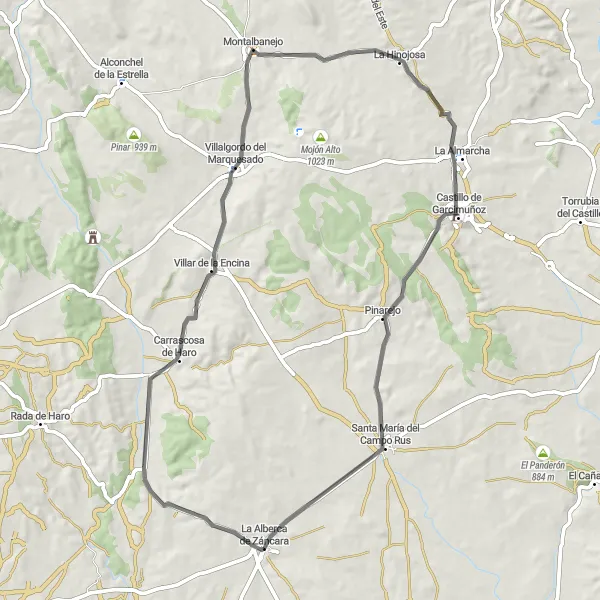 Map miniature of "La Alberca de Záncara - Carrascosa de Haro - Villalgordo del Marquesado - Montalbanejo - La Hinojosa - Santa María del Campo Rus" cycling inspiration in Castilla-La Mancha, Spain. Generated by Tarmacs.app cycling route planner
