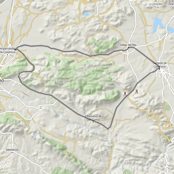 Map miniature of "Calzada de Calatrava - Villanueva de San Carlos - Aldea del Rey - Calzada de Calatrava" cycling inspiration in Castilla-La Mancha, Spain. Generated by Tarmacs.app cycling route planner