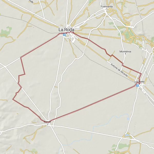Map miniature of "Gravel Adventure: La Gineta to La Roda" cycling inspiration in Castilla-La Mancha, Spain. Generated by Tarmacs.app cycling route planner