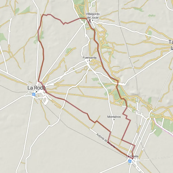 Miniaturekort af cykelinspirationen "Spor gennem Grusveje til La Gineta 64 km Rute" i Castilla-La Mancha, Spain. Genereret af Tarmacs.app cykelruteplanlægger