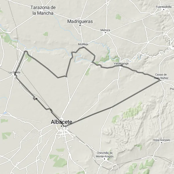 Map miniature of "La Gineta Circular Route" cycling inspiration in Castilla-La Mancha, Spain. Generated by Tarmacs.app cycling route planner