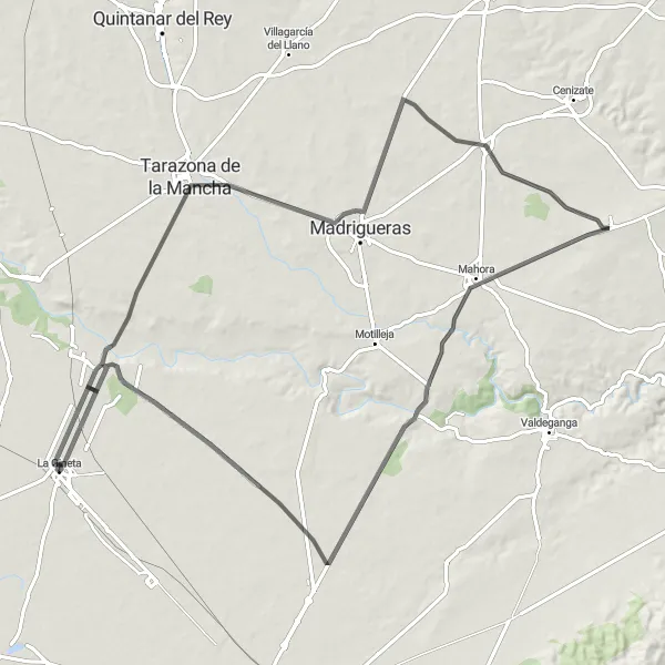 Map miniature of "La Gineta Circuit" cycling inspiration in Castilla-La Mancha, Spain. Generated by Tarmacs.app cycling route planner