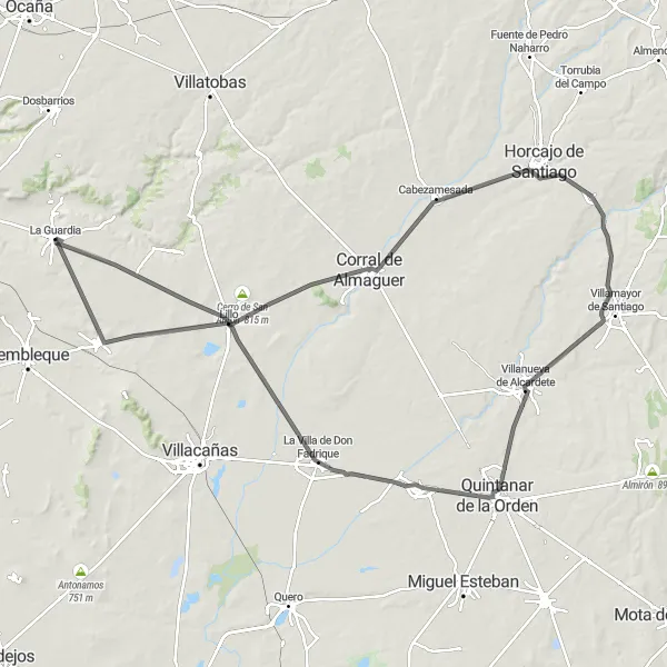 Map miniature of "La Guardia Road Adventure" cycling inspiration in Castilla-La Mancha, Spain. Generated by Tarmacs.app cycling route planner