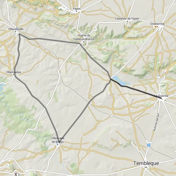 Map miniature of "Scenic Road Ride to Villanueva de Bogas" cycling inspiration in Castilla-La Mancha, Spain. Generated by Tarmacs.app cycling route planner