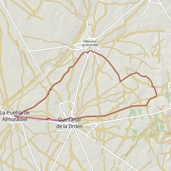 Map miniature of "Villanueva de Alcardete - Quintanar de la Orden - La Puebla de Almoradiel Gravel Route" cycling inspiration in Castilla-La Mancha, Spain. Generated by Tarmacs.app cycling route planner