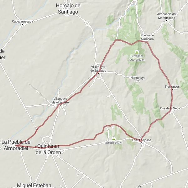 Miniatua del mapa de inspiración ciclista "Ruta de ciclismo de grava desde La Puebla de Almoradiel" en Castilla-La Mancha, Spain. Generado por Tarmacs.app planificador de rutas ciclistas