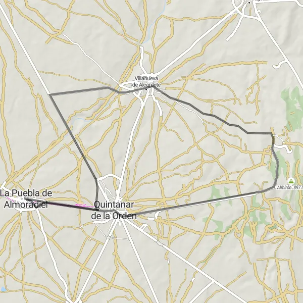 Map miniature of "Villanueva de Alcardete - Quintanar de la Orden - La Puebla de Almoradiel Route" cycling inspiration in Castilla-La Mancha, Spain. Generated by Tarmacs.app cycling route planner