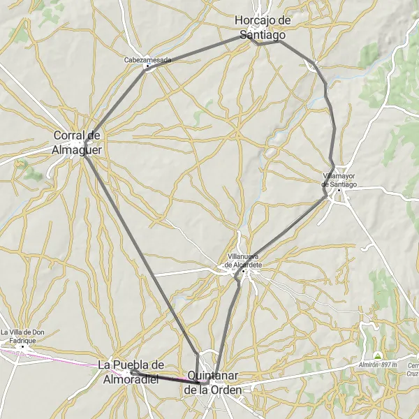 Miniatua del mapa de inspiración ciclista "Ruta de ciclismo de carretera desde La Puebla de Almoradiel" en Castilla-La Mancha, Spain. Generado por Tarmacs.app planificador de rutas ciclistas