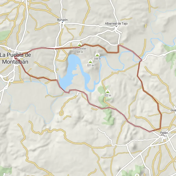 Map miniature of "Gravel Route near La Puebla de Montalbán" cycling inspiration in Castilla-La Mancha, Spain. Generated by Tarmacs.app cycling route planner