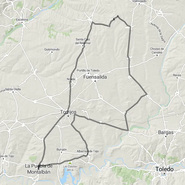 Map miniature of "Road Route near La Puebla de Montalbán" cycling inspiration in Castilla-La Mancha, Spain. Generated by Tarmacs.app cycling route planner