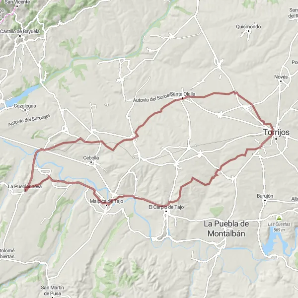 Map miniature of "La Pueblanueva - El Carpio de Tajo - Santa Olalla - Gerindote - Malpica deTajo" cycling inspiration in Castilla-La Mancha, Spain. Generated by Tarmacs.app cycling route planner