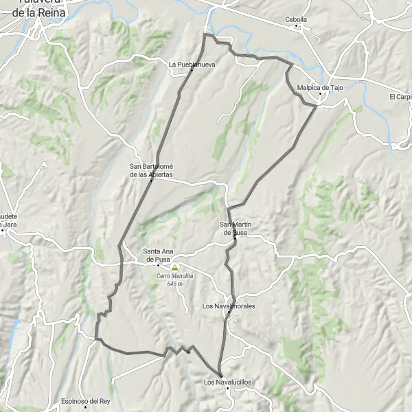 Map miniature of "Road Route: La Pueblanueva Loop" cycling inspiration in Castilla-La Mancha, Spain. Generated by Tarmacs.app cycling route planner