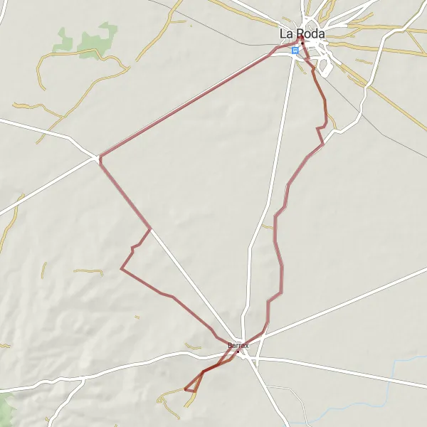 Map miniature of "Scenic Gravel Route from La Roda to Barrax and Molino de Viento" cycling inspiration in Castilla-La Mancha, Spain. Generated by Tarmacs.app cycling route planner