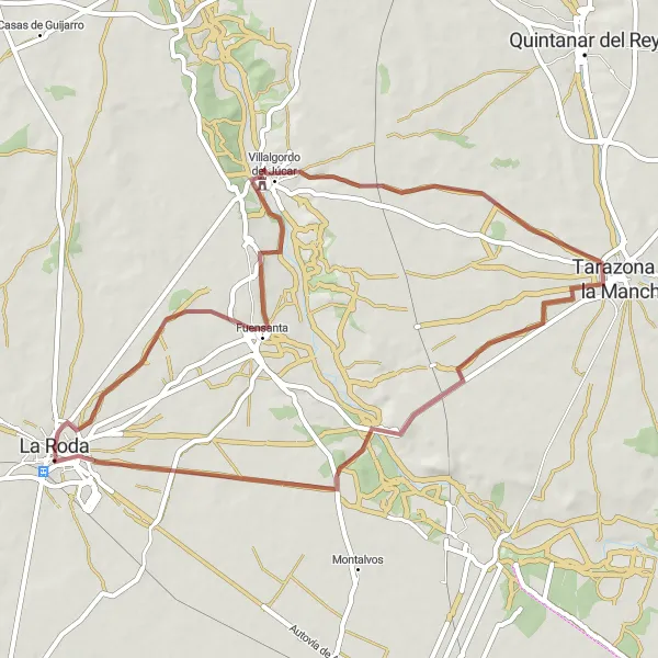 Map miniature of "Exploring the Gravel Roads of La Roda" cycling inspiration in Castilla-La Mancha, Spain. Generated by Tarmacs.app cycling route planner