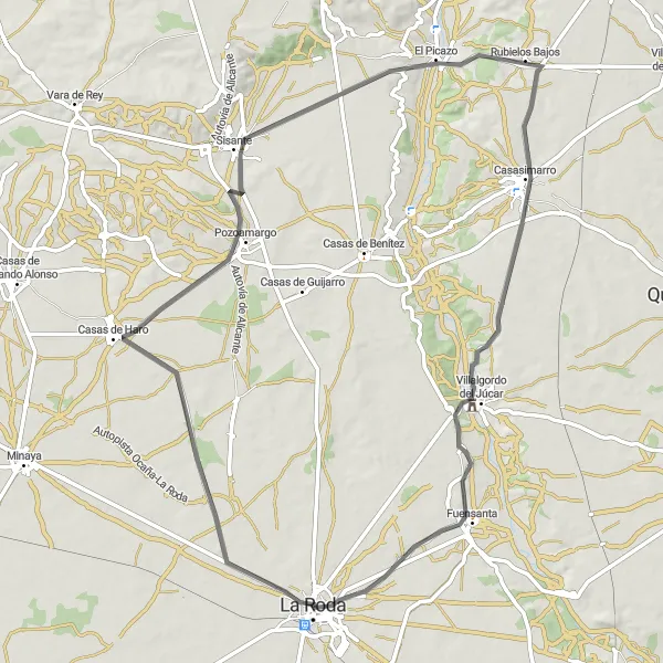 Map miniature of "Historical Route through La Roda and Surrounding Towns" cycling inspiration in Castilla-La Mancha, Spain. Generated by Tarmacs.app cycling route planner