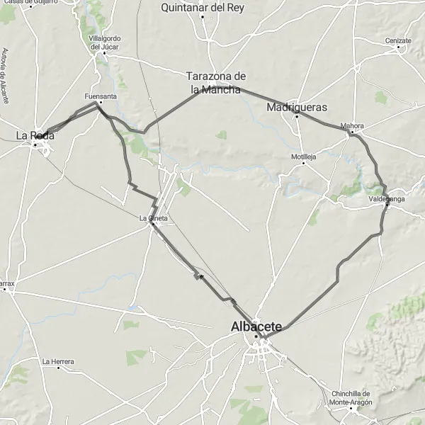 Miniatua del mapa de inspiración ciclista "Ruta de Carretera La Roda - Tarazona de la Mancha - La Gineta - Montalvos" en Castilla-La Mancha, Spain. Generado por Tarmacs.app planificador de rutas ciclistas