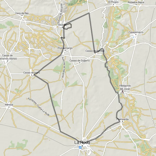 Miniatua del mapa de inspiración ciclista "Ruta de ciclismo de carretera La Roda - Fuensanta (variante)" en Castilla-La Mancha, Spain. Generado por Tarmacs.app planificador de rutas ciclistas