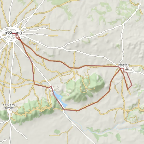 Map miniature of "Gravel Route through La Solana" cycling inspiration in Castilla-La Mancha, Spain. Generated by Tarmacs.app cycling route planner