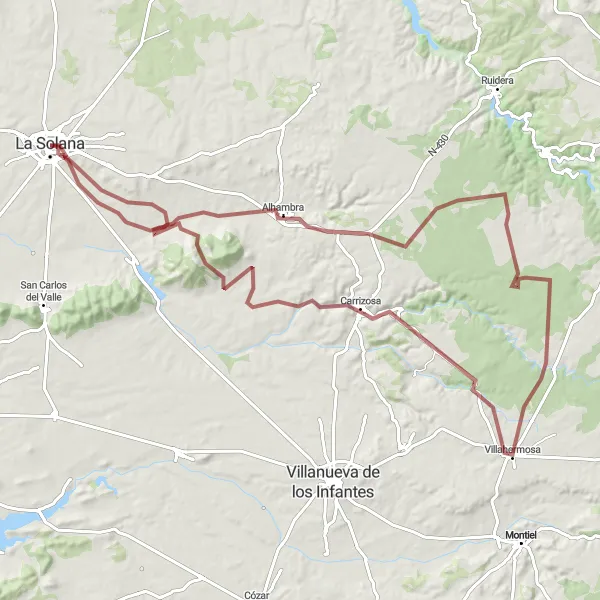 Map miniature of "La Solana - Carrizosa Epic Gravel Route" cycling inspiration in Castilla-La Mancha, Spain. Generated by Tarmacs.app cycling route planner