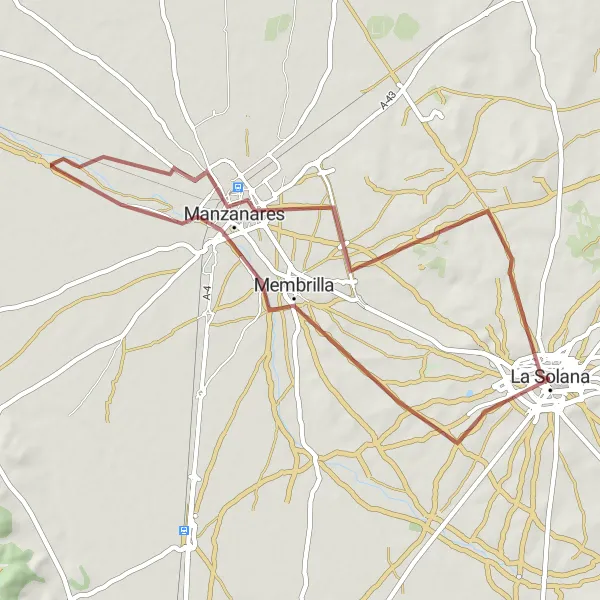 Map miniature of "The Membrilla Triangle" cycling inspiration in Castilla-La Mancha, Spain. Generated by Tarmacs.app cycling route planner