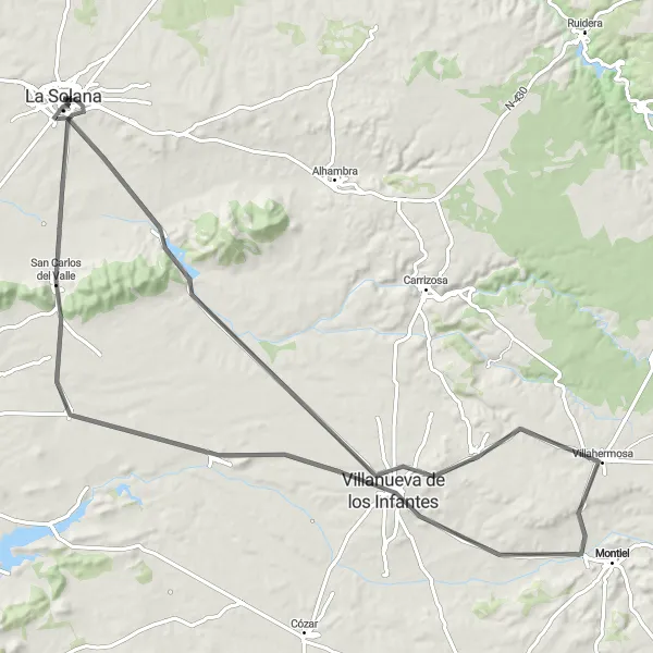 Miniatuurkaart van de fietsinspiratie "Weg Fietsroute rondom La Solana" in Castilla-La Mancha, Spain. Gemaakt door de Tarmacs.app fietsrouteplanner