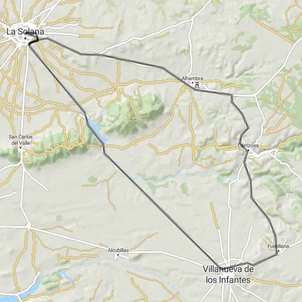 Map miniature of "La Solana - Villanueva de los Infantes Loop" cycling inspiration in Castilla-La Mancha, Spain. Generated by Tarmacs.app cycling route planner
