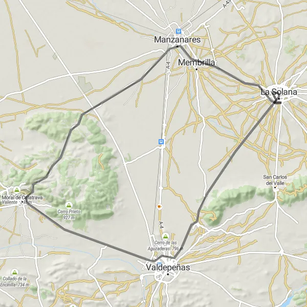 Miniatua del mapa de inspiración ciclista "Ruta de Ciclismo en Carretera desde La Solana" en Castilla-La Mancha, Spain. Generado por Tarmacs.app planificador de rutas ciclistas