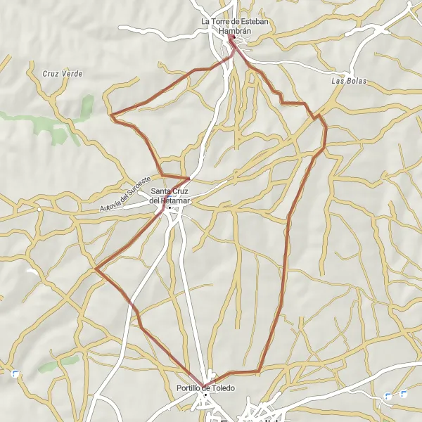 Map miniature of "Esteban Hambrán to Santa Cruz del Retamar Gravel Route" cycling inspiration in Castilla-La Mancha, Spain. Generated by Tarmacs.app cycling route planner