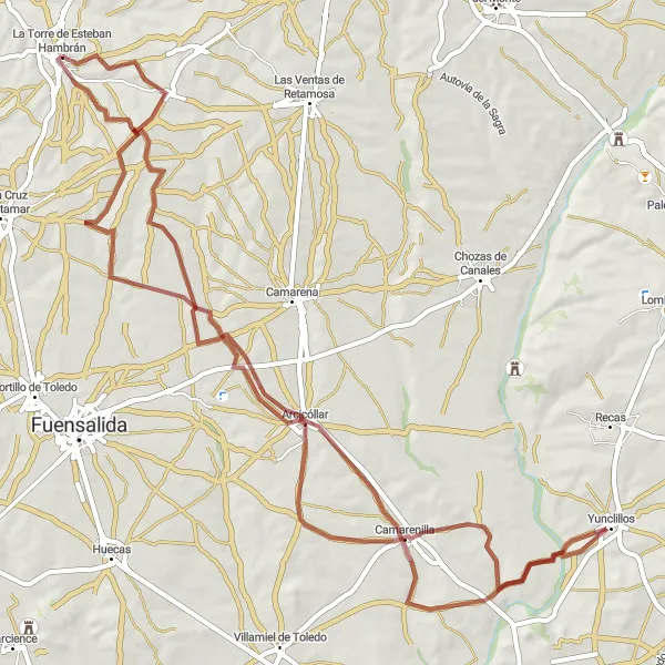 Map miniature of "La Torre de Esteban Hambrán - Yunclillos - Camarenilla - Arcicóllar - La Torre de Esteban Hambrán" cycling inspiration in Castilla-La Mancha, Spain. Generated by Tarmacs.app cycling route planner