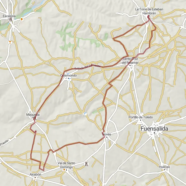 Map miniature of "Esteban Hambrán to Quismondo Gravel Route" cycling inspiration in Castilla-La Mancha, Spain. Generated by Tarmacs.app cycling route planner