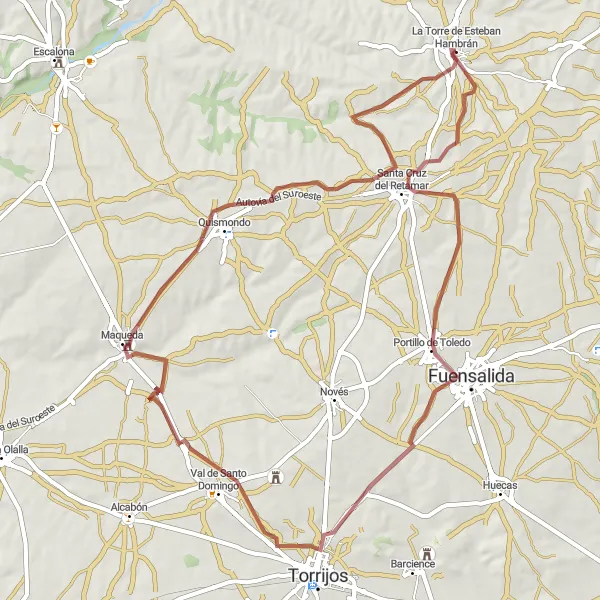 Map miniature of "La Torre de Esteban Hambrán - Portillo de Toledo - Castillo de la Vela - Quismondo - La Torre de Esteban Hambrán" cycling inspiration in Castilla-La Mancha, Spain. Generated by Tarmacs.app cycling route planner