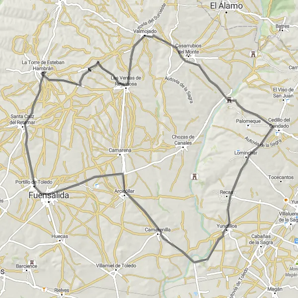 Map miniature of "La Torre de Esteban Hambrán - Valmojado - Castillo de Olmos - Yunclillos - Arcicóllar - Portillo de Toledo - La Torre de Esteban Hambrán" cycling inspiration in Castilla-La Mancha, Spain. Generated by Tarmacs.app cycling route planner