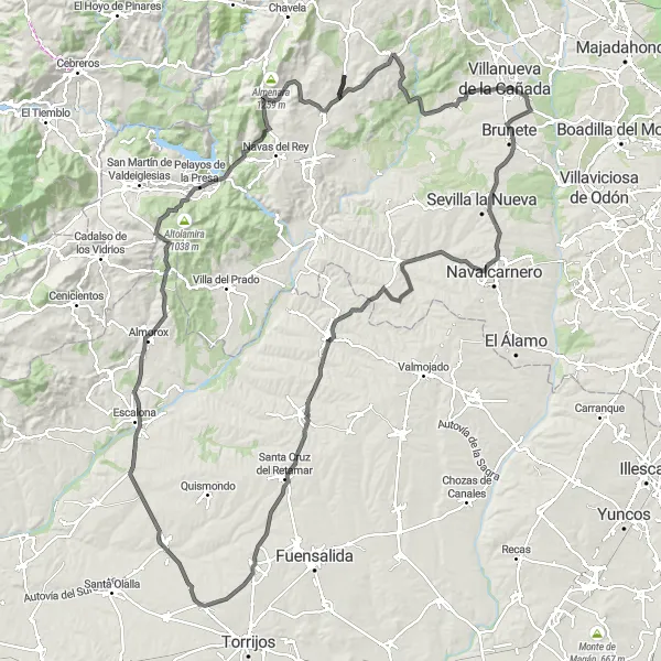 Map miniature of "La Torre de Esteban Hambrán - Novés - Maqueda - Almorox - Pelayos de la Presa - Cerro del Cubo - Colmenar del Arroyo - Mirador del Hondillo - Navalagamella - Quijorna - Brunete - Villamanta - La Torre de Esteban Hambrán" cycling inspiration in Castilla-La Mancha, Spain. Generated by Tarmacs.app cycling route planner
