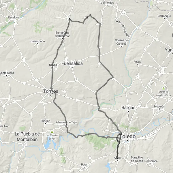 Map miniature of "Esteban Hambrán to Albarreal de Tajo Road Route" cycling inspiration in Castilla-La Mancha, Spain. Generated by Tarmacs.app cycling route planner